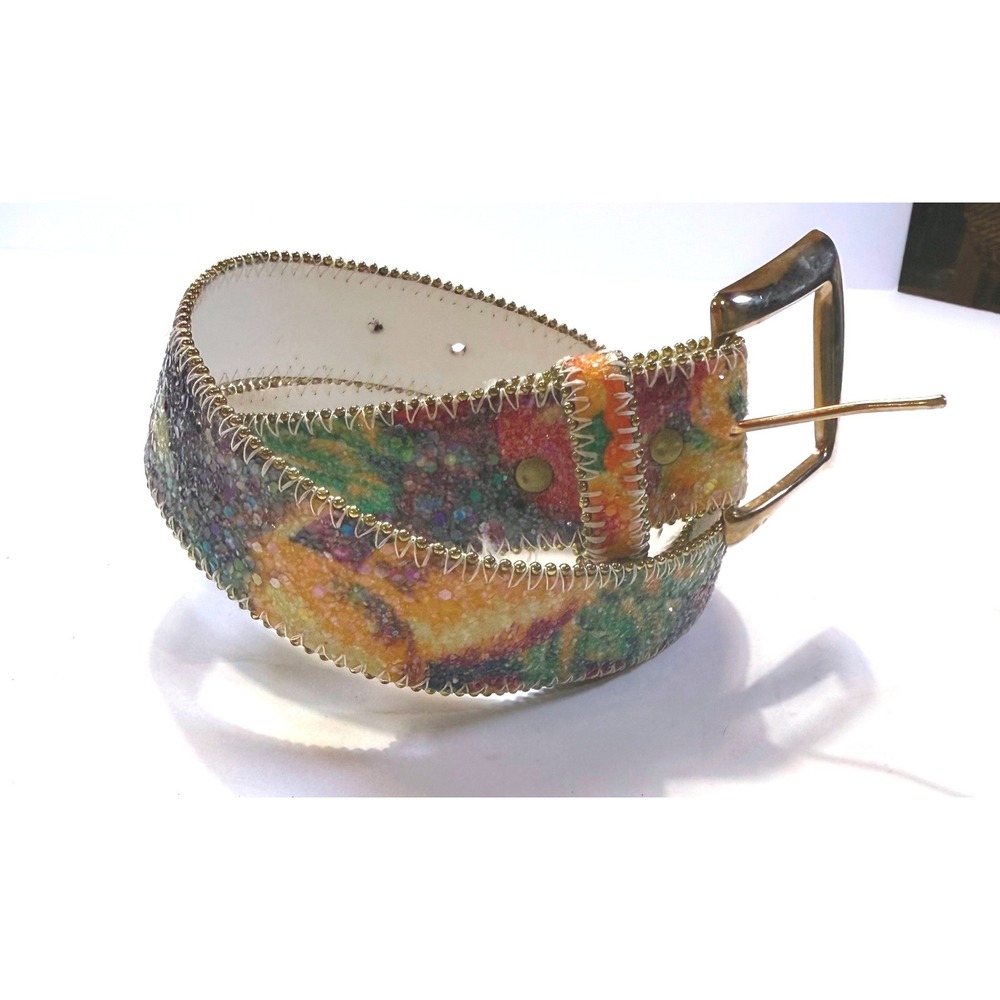 Absolutely Fresh Vintage Leather Belt Multicolor Glitter Floral Gold Trim Small